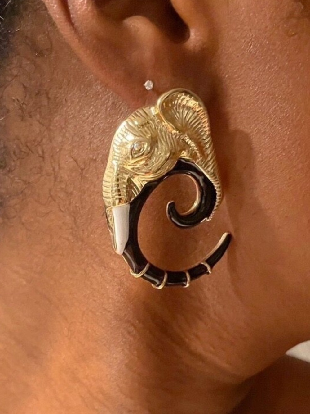 Gold and Black Elephant Spiral Hoop Earrings - Picture 4 of 5